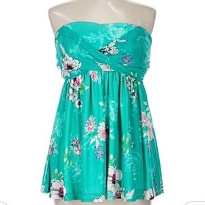 NWT Torrid Size 00 Turquoise Floral Mesh Strapless Babydoll Top